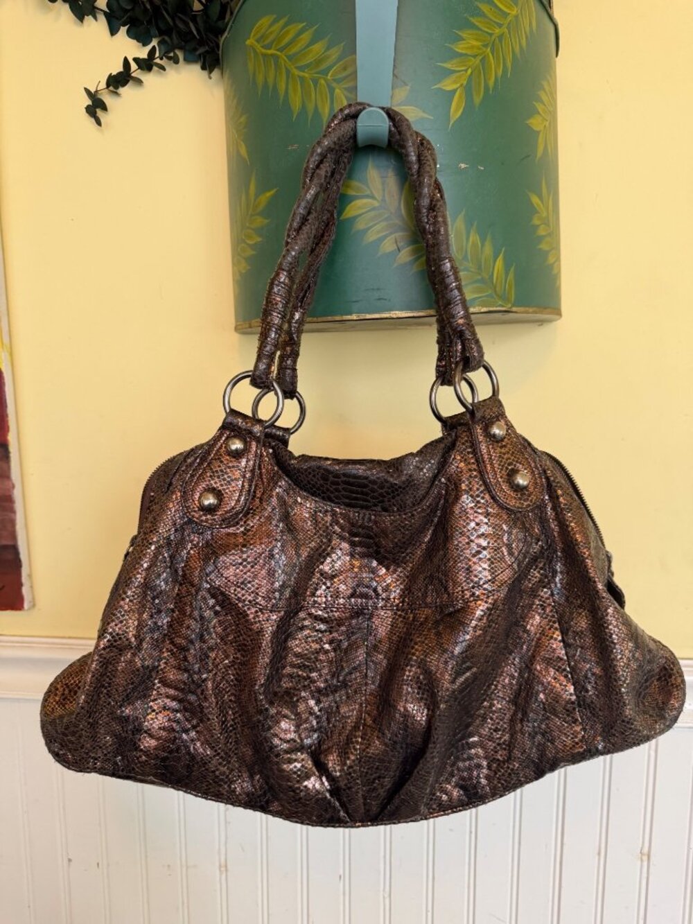 y2k Vintage Express Metallic Bronze Faux Snakeskin Shoulder Bag Double Handles
